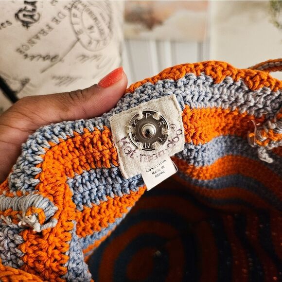 Orange & Grey Crochet Tote Bag by Kat. Man.Doo – Made in Nepal – Cotton – Small - Picture 3 of 14